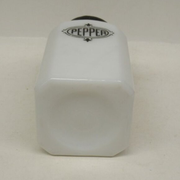 McKee White Glass BLACK SHIELD 4 1/2 Inch High PEPPER Shaker, Original Metal Lid - Picture 4 of 4